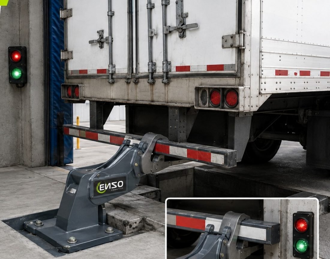 Gancho retenedor de andén Enso Robotics sujetando el remolque de un tráiler, con semáforo de señalización