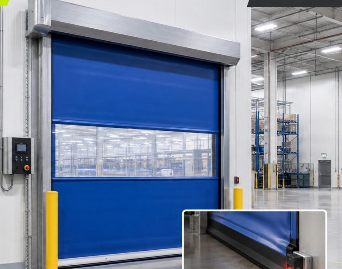 Puerta rápida industrial Enso Robotics instalada en acceso de planta, con panel de control