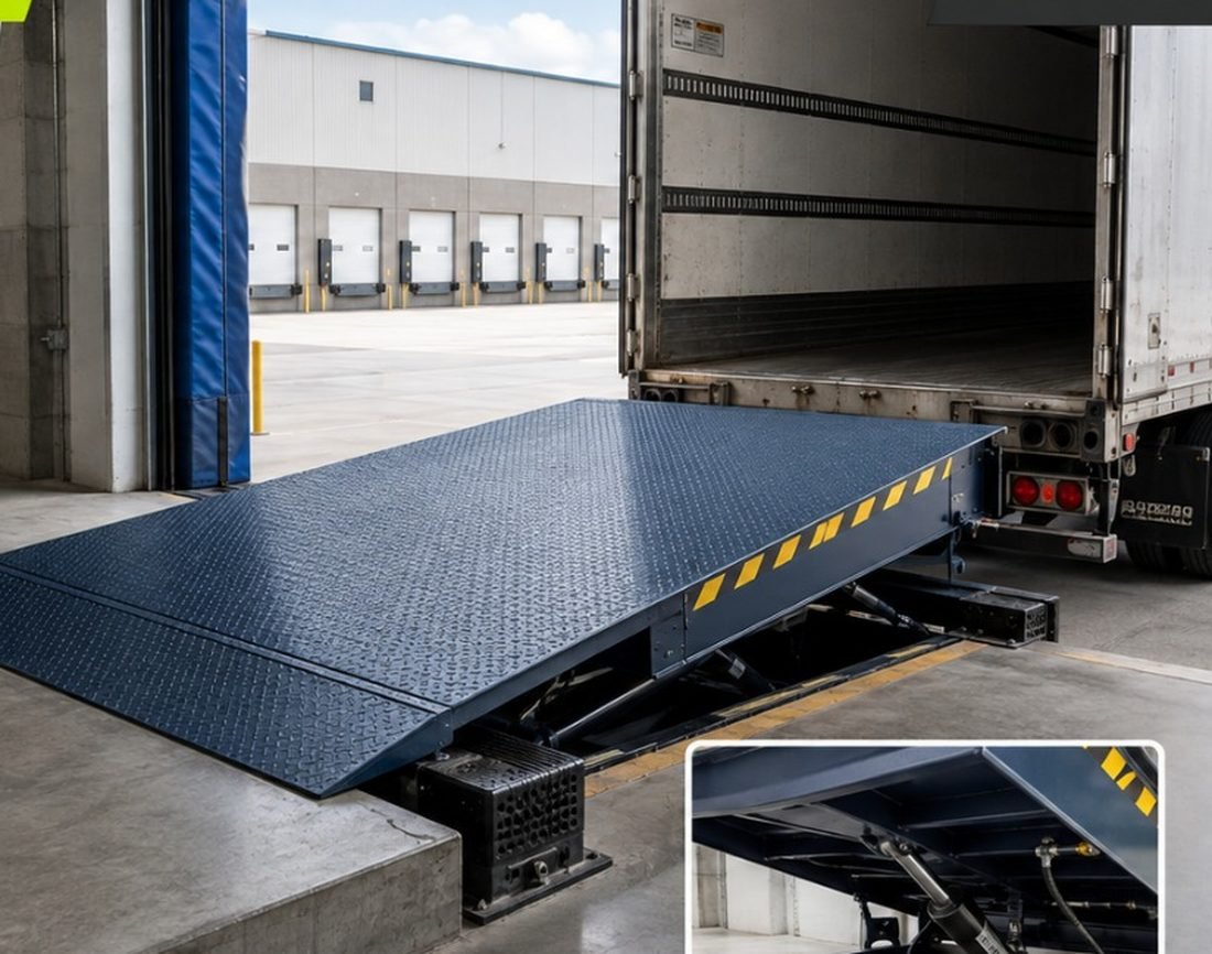 Rampa niveladora Enso Robotics instalada en andén de carga, extendida hacia un tráiler