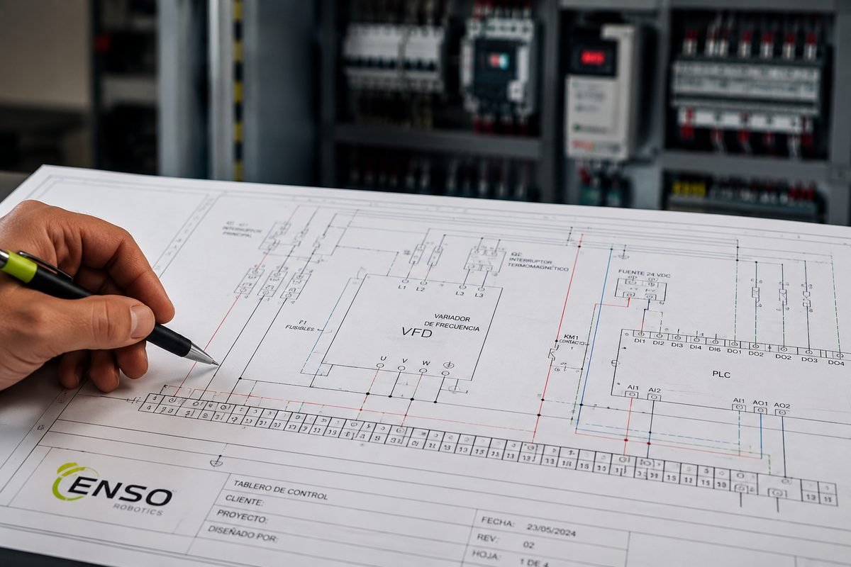 Plano eléctrico de tablero de control Enso Robotics — diagrama VFD y PLC